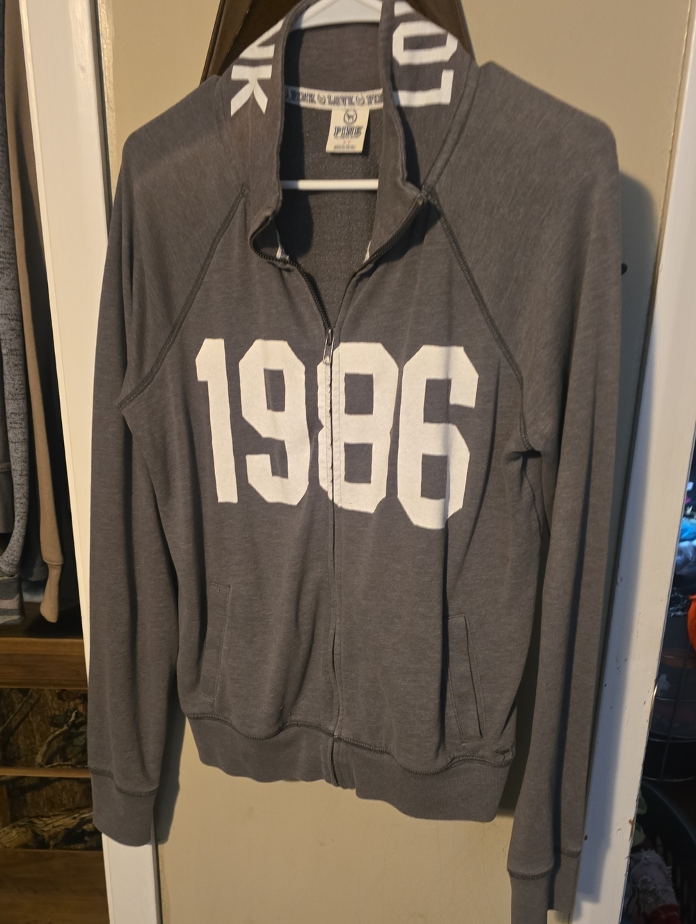 LPINK Victoria's Secret Gray Hoodie with White Logo Trim Y2k Small